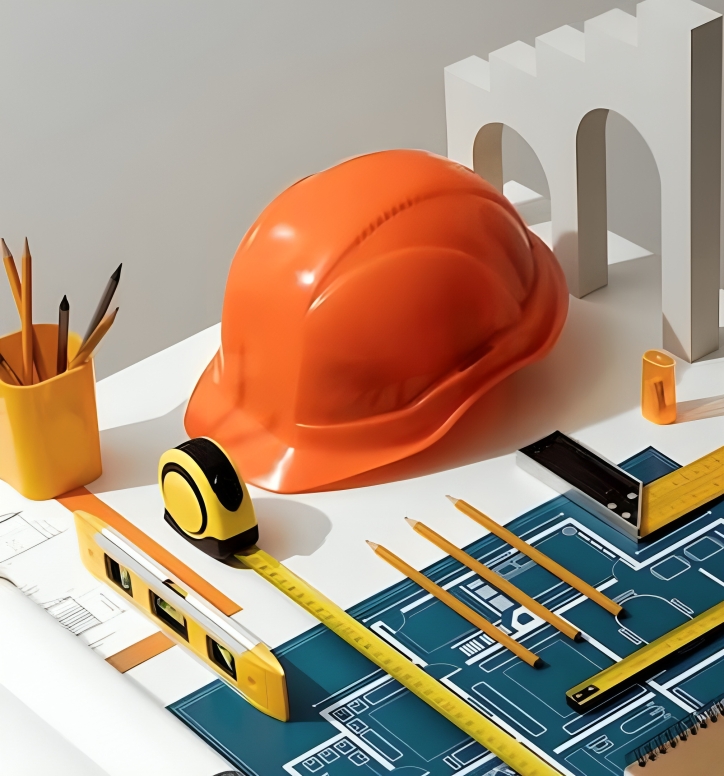Hard hat, blueprints and drafting tools laid out on a desk
