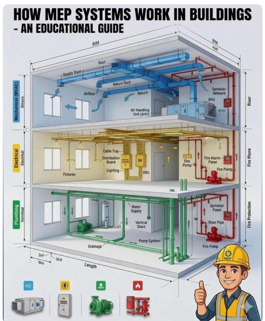 Diagram illustrating how MEP systems work in a building